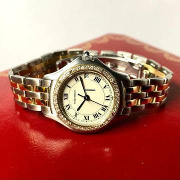  Cartier COUGER 27mm 2 Row Gold Steel Ladies Watch Diamond Bezel </h1> 