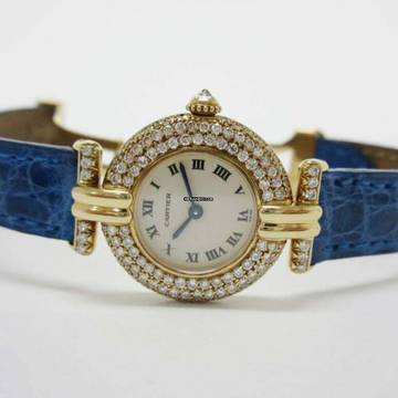  Cartier COLISÉE 18K Yellow Gold Watch Diamond Bezel Blue Band </h1> 