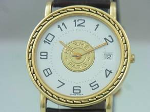 Thumbnail von Hermès Sellier Quartz 750 - 18k Gold Damen / Herrenuhr Datum Anzeige Ø 32 Mm Box </h1>