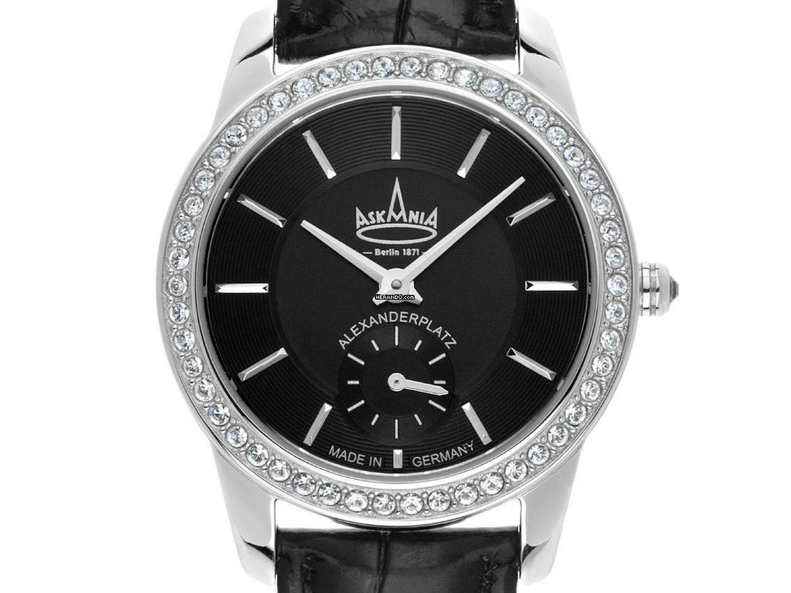Askania Alexanderplatz Lady Stahl Quarz Armband Leder 32mm Ref.ALE-2041 Box&Pap. Full Set Neu