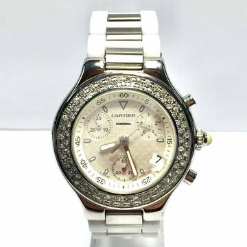  Cartier 21 Chronoscaph Chronograph 2424 Quartz 38mm Steel 2.38TCW DIAMOND Watch </h1> 