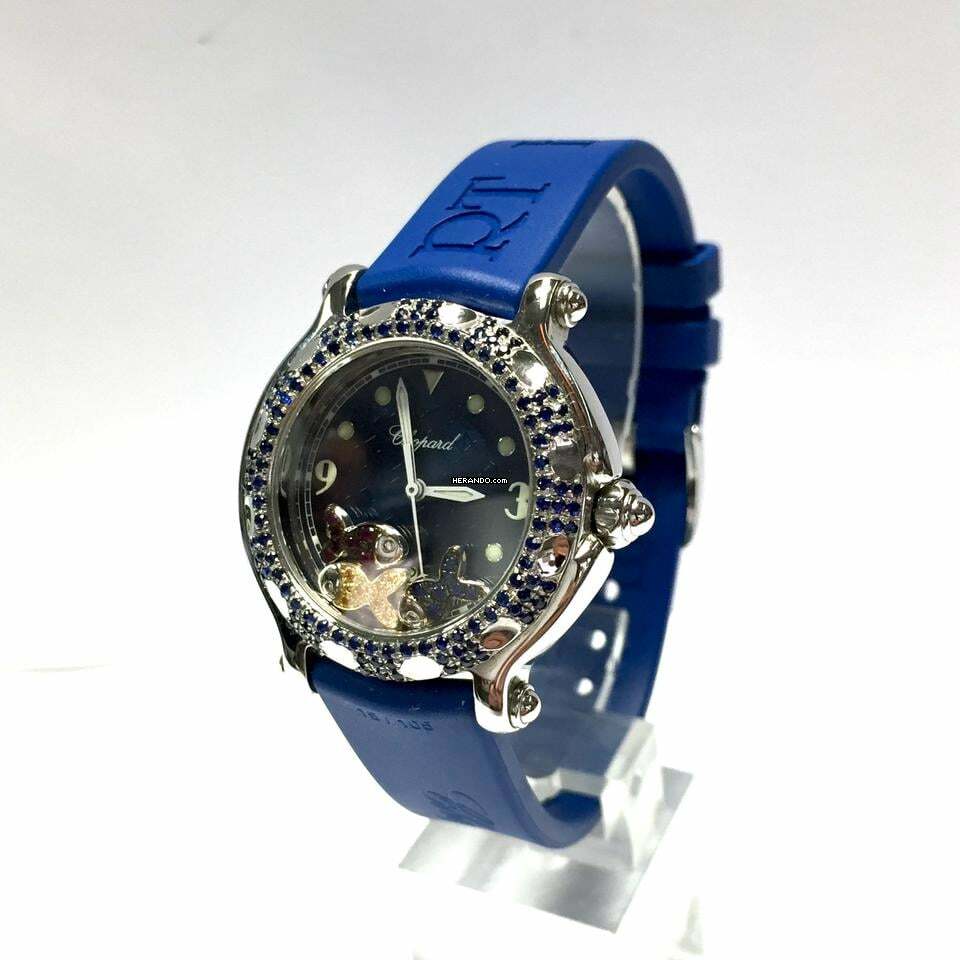 Chopard Happy Sport 32mm Steel Watch w Floating Fishes & Blue Sapphires </h1>