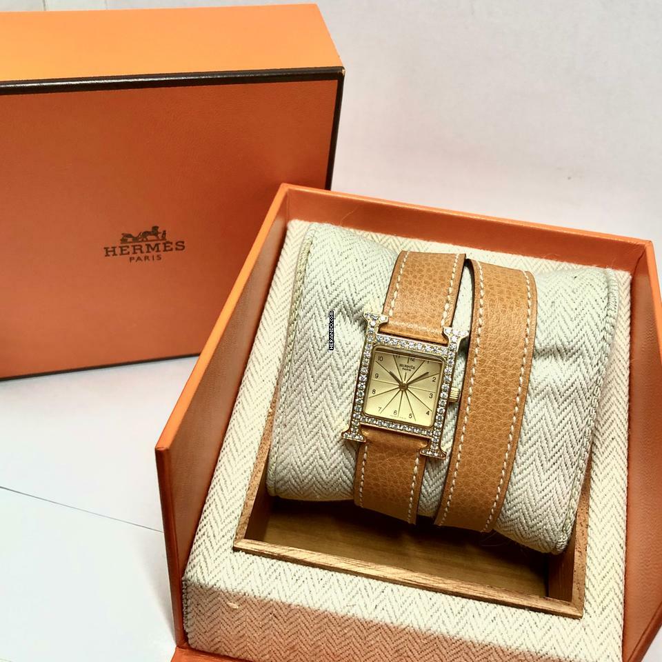 Hermès Heure H 25mm Two Tone 0.91TCW DIAMONDS Hermès Double Tour Brown Leather Band  Watch </h1>