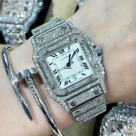  Cartier Santos Galbée 29mm Quartz Steel 11.53TCW Full Diamond Watch </h1> 