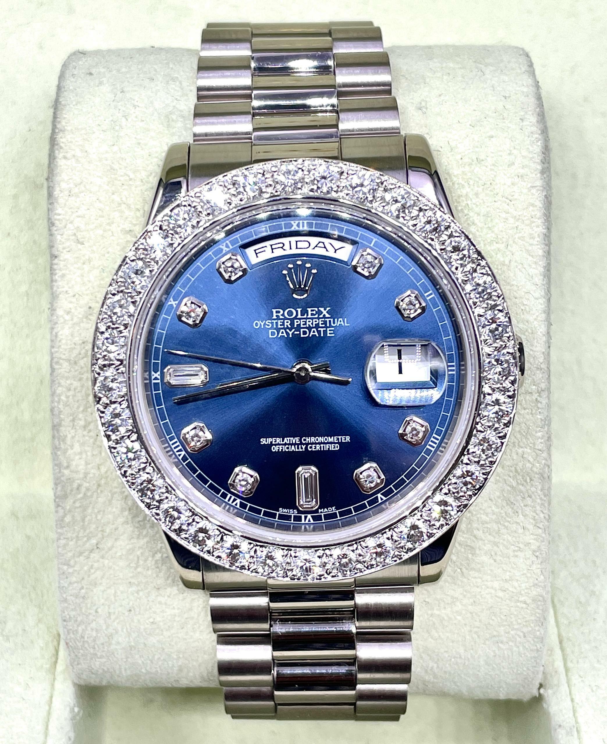 Rolex Day-Date 36 Blue Orig. Blue Baguette Diamond Dial Top Condition Aftermarket Diamond Bezel