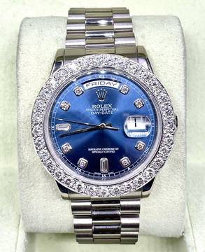  Rolex Day-Date 36 Blue Orig. Blue Baguette Diamond Dial Top Condition Aftermarket Diamond Bezel 