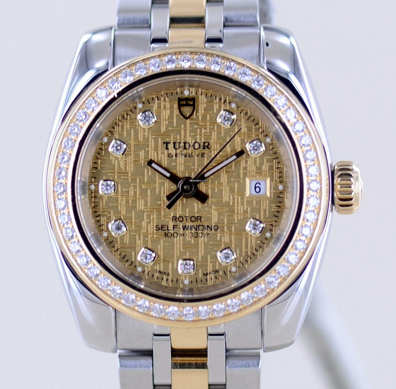 Tudor Classic Date 28mm Lady Champagner Linen Diamond Dial Bezel Stahl-Gold rar </h1>