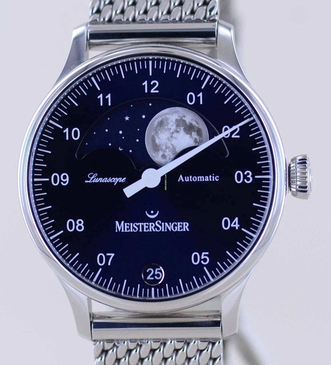 Meistersinger Lunascope Blue Dial Moon Stahlband 40mm Automatik Einzeiger B+P </h1>