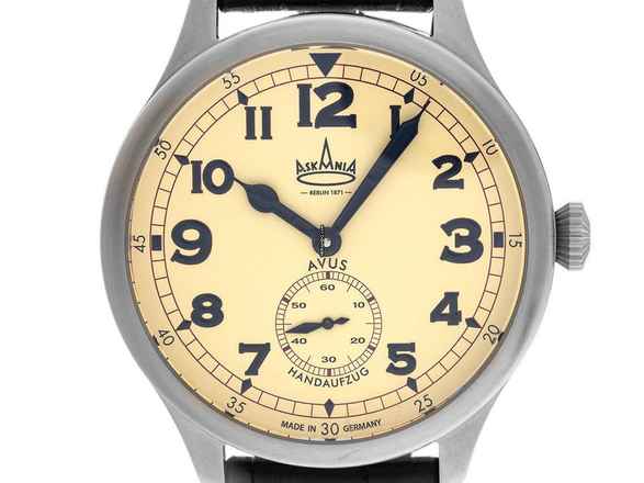  Askania Avus Stahl Handaufzug Armband Leder 42mm Ref.AVU-3641 Box&Pap. Full Set Neu 