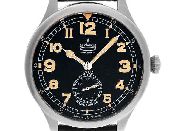  Askania Avus Stahl Handaufzug Armband Leder 42mm Ref.AVU-3642 Box&Pap. Full Set Neu 
