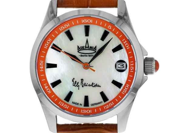  Askania Elly Beinhorn Stahl Perlmutt Automatik Armband Leder 34mm Ref.BEI-7851 Box&Pap. Full Set Neu 