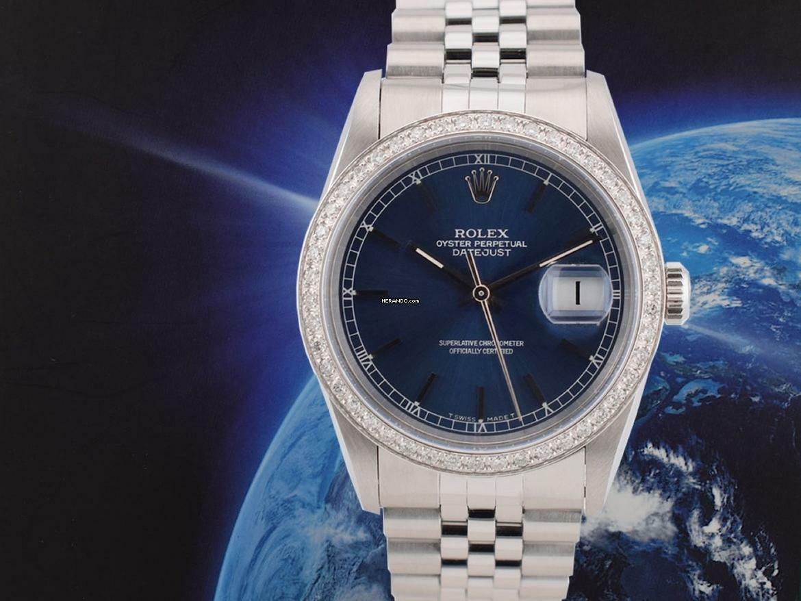 Rolex Datejust 36 16234 Blue Index Dial With After Diamonds Bezel - Full Set 36mm