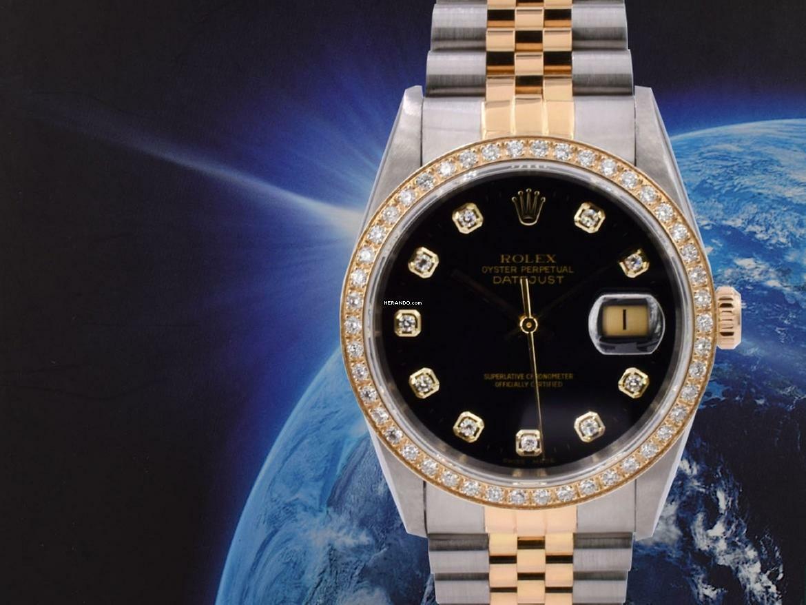 Rolex Datejust 36 16233 Black Dial With Big Diamonds & After Diamonds Bezel - Full Set 36mm