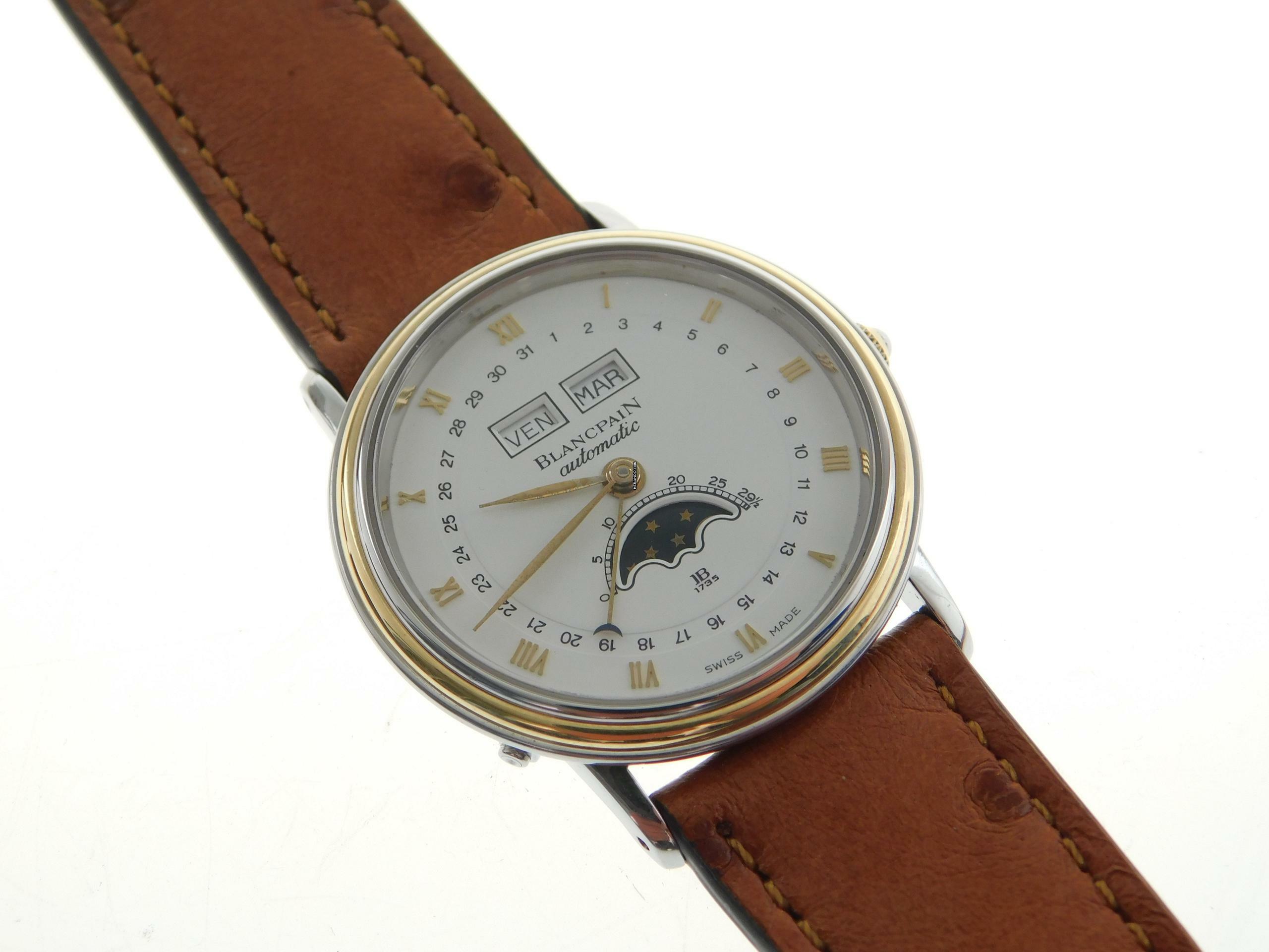 Blancpain Villeret Automatik Vollkalender Mondphase 34 mm Herrenuhr Stahl Gold mit Straussenband TOP </h1>