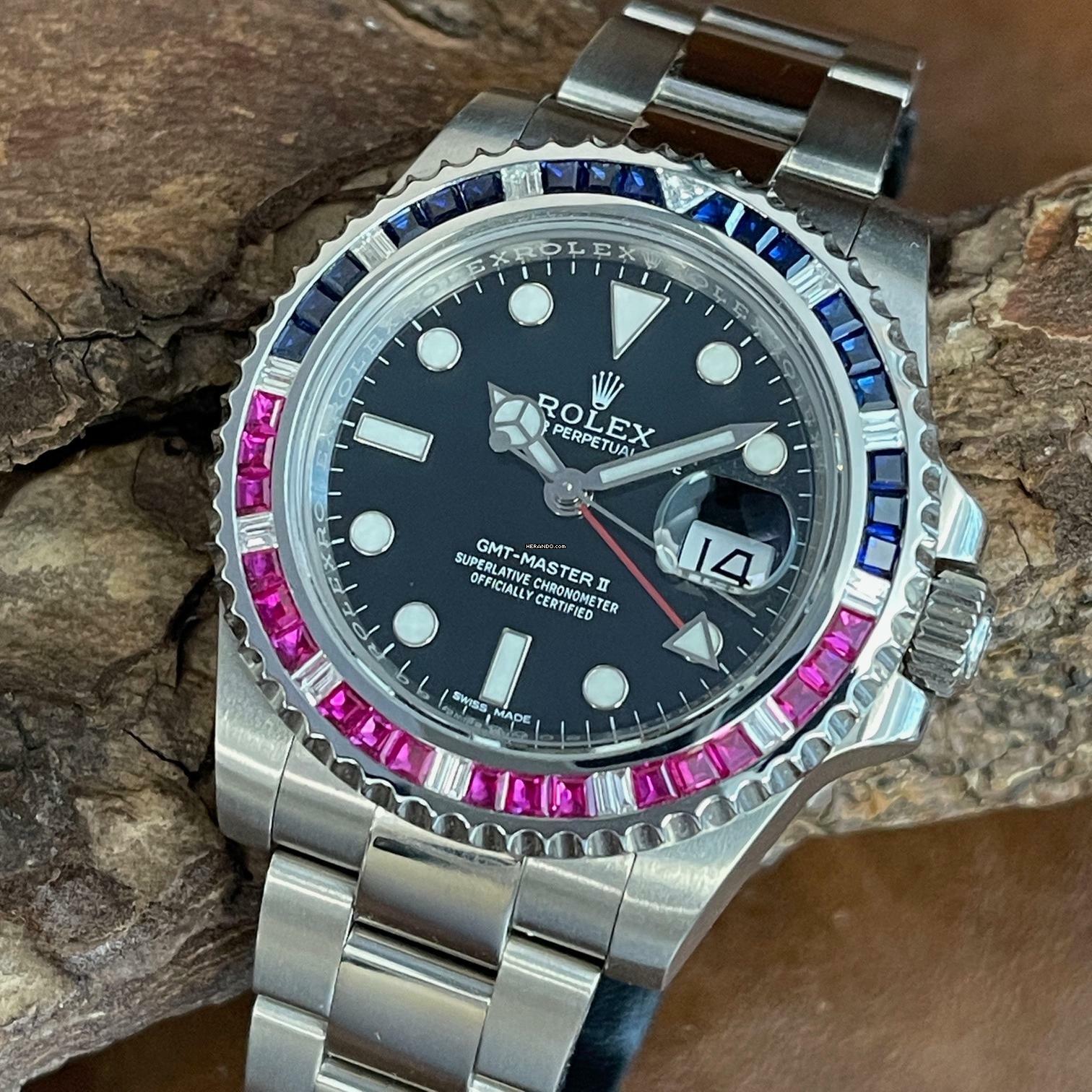 Rolex GMT-Master II Weißgold DIAMANTLÜNETTE After-Market - FULL SET 2015 - Ref. 116719BLRO </h1>