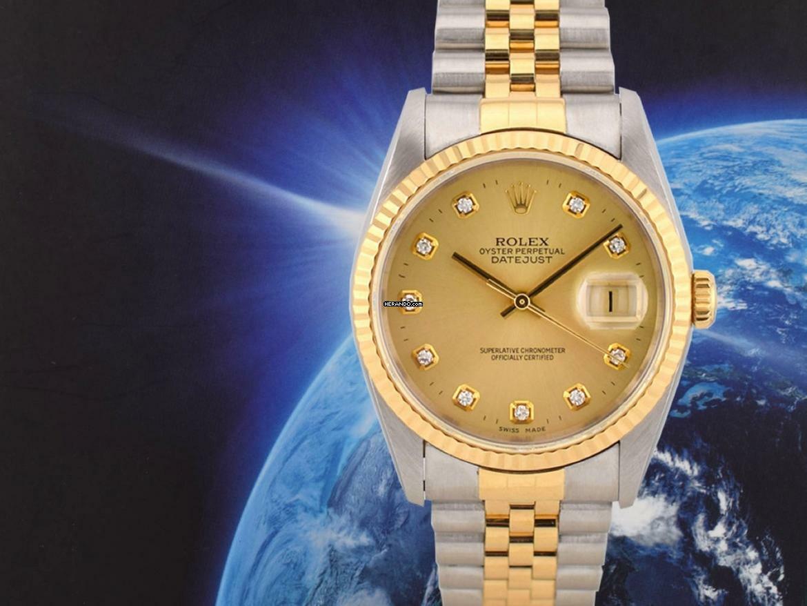 Rolex Datejust 36 16233 Gold Dial With Big Diamonds - Full Set