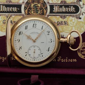 A. Lange & Söhne 18k Gold Guilliaume-Unruhe Kal.45 Taschenuhr Original Box Museums Zertifikat 1910. </h1>