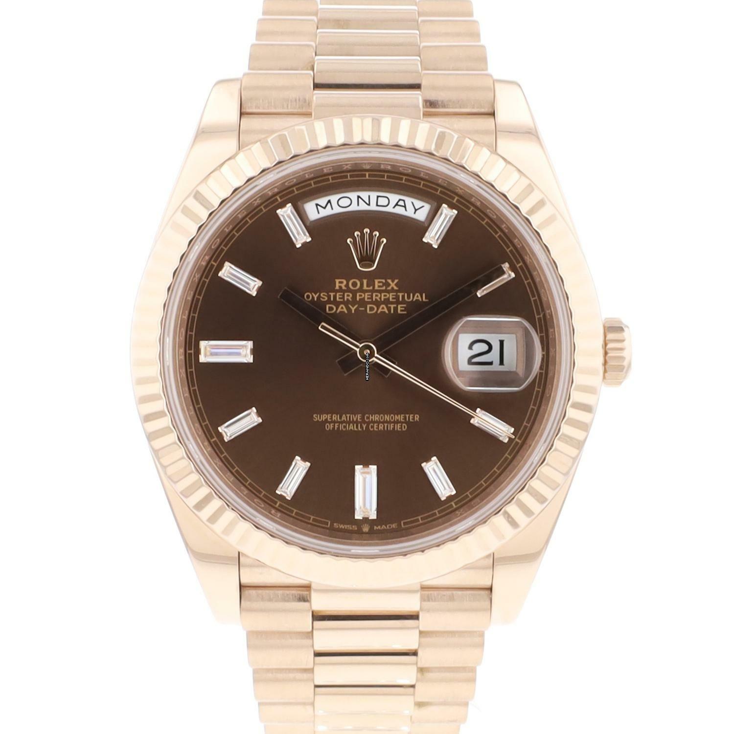 Rolex Day-Date 40 40mm Everose Gold Chocolate Baguette Diamond Dial Service '25 </h1>