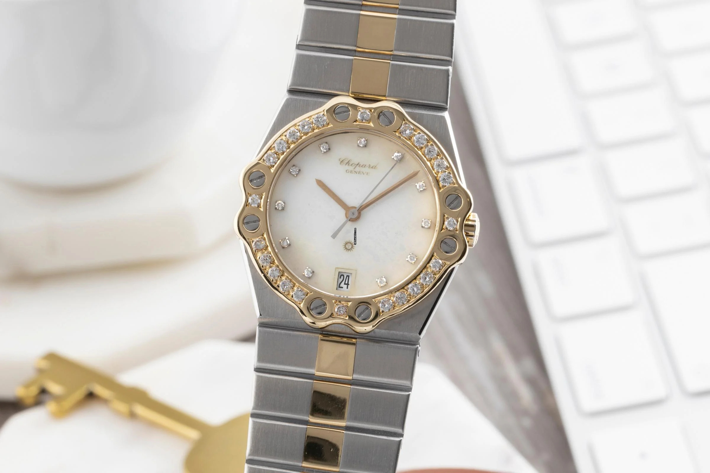 Chopard St. Moritz Stahl / Gold MOP Diamanten Medium Size Ref. 8023 B&P 1985 Klassiker