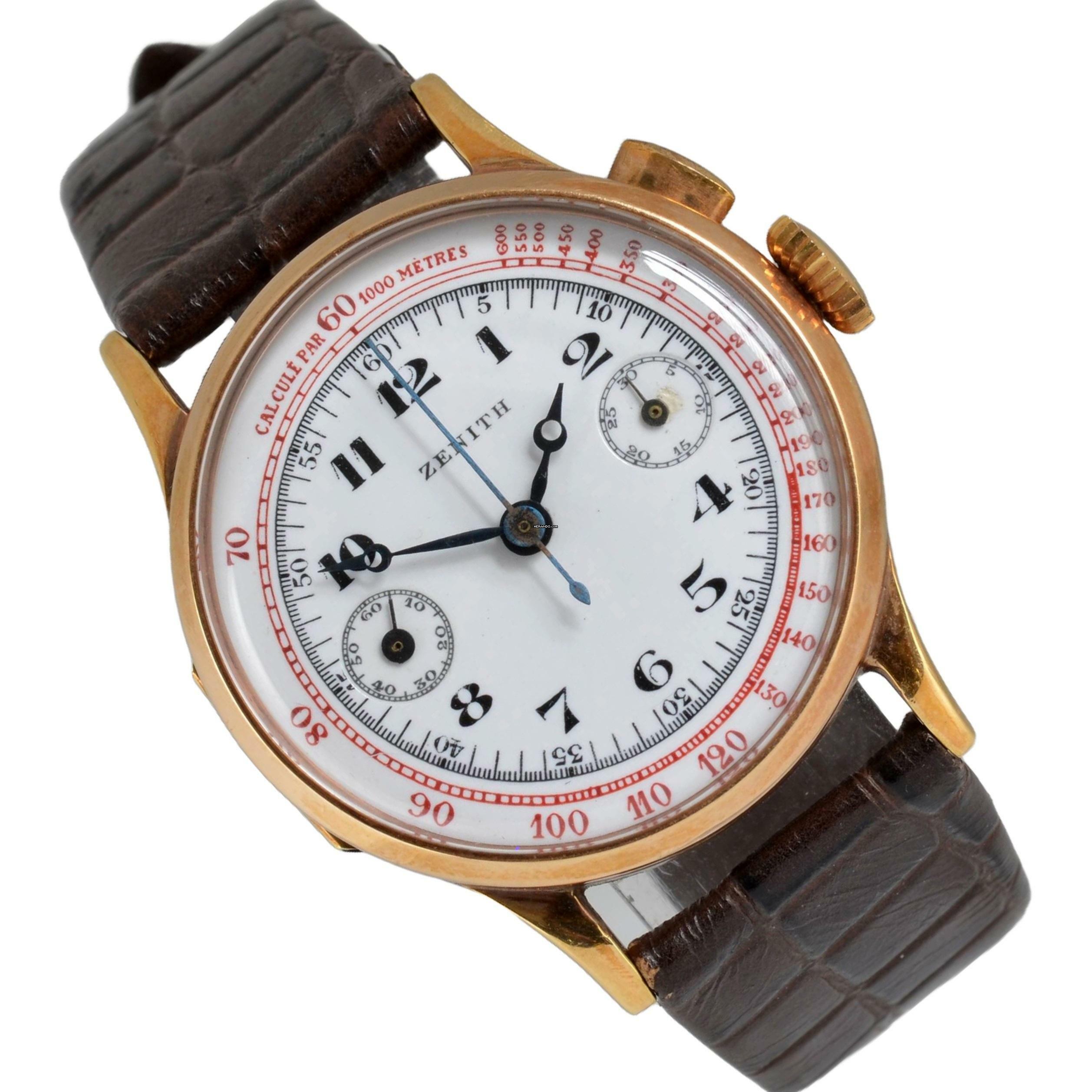 Zenith Chronograph mono pusher porcelain dial yellow gold 18KT 1930’s </h1>