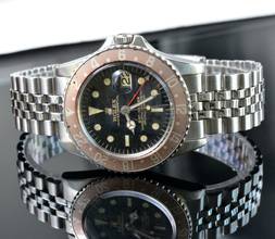 Thumbnail von Rolex GMT-Master 1675 Cornino Underline gilt dial pink bezel 1964’s </h1>