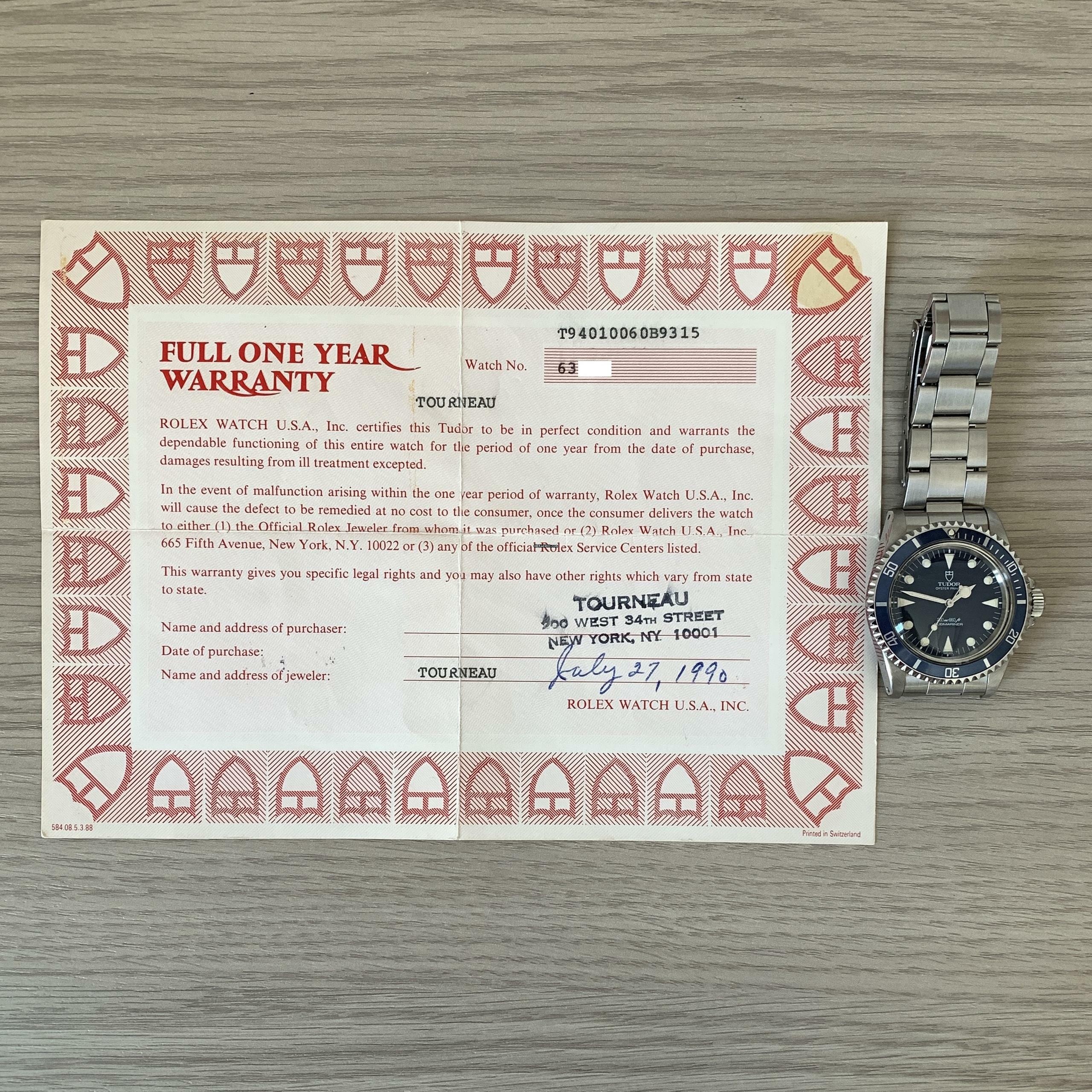 Tudor Submariner No Date 94010 Lollipop blue dial Full Set 1988’s </h1>