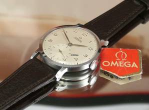 Thumbnail von Omega Mint/NOS Chronometer 2366 in steel with tag & rare dial from the 40's Chronometre