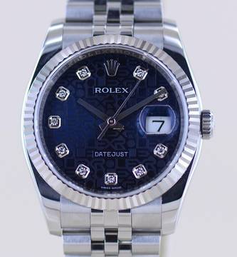  Rolex Datejust 36 blue 36mm Diamond Laser Dial Jubiléband fluted Whitegold B+P  
