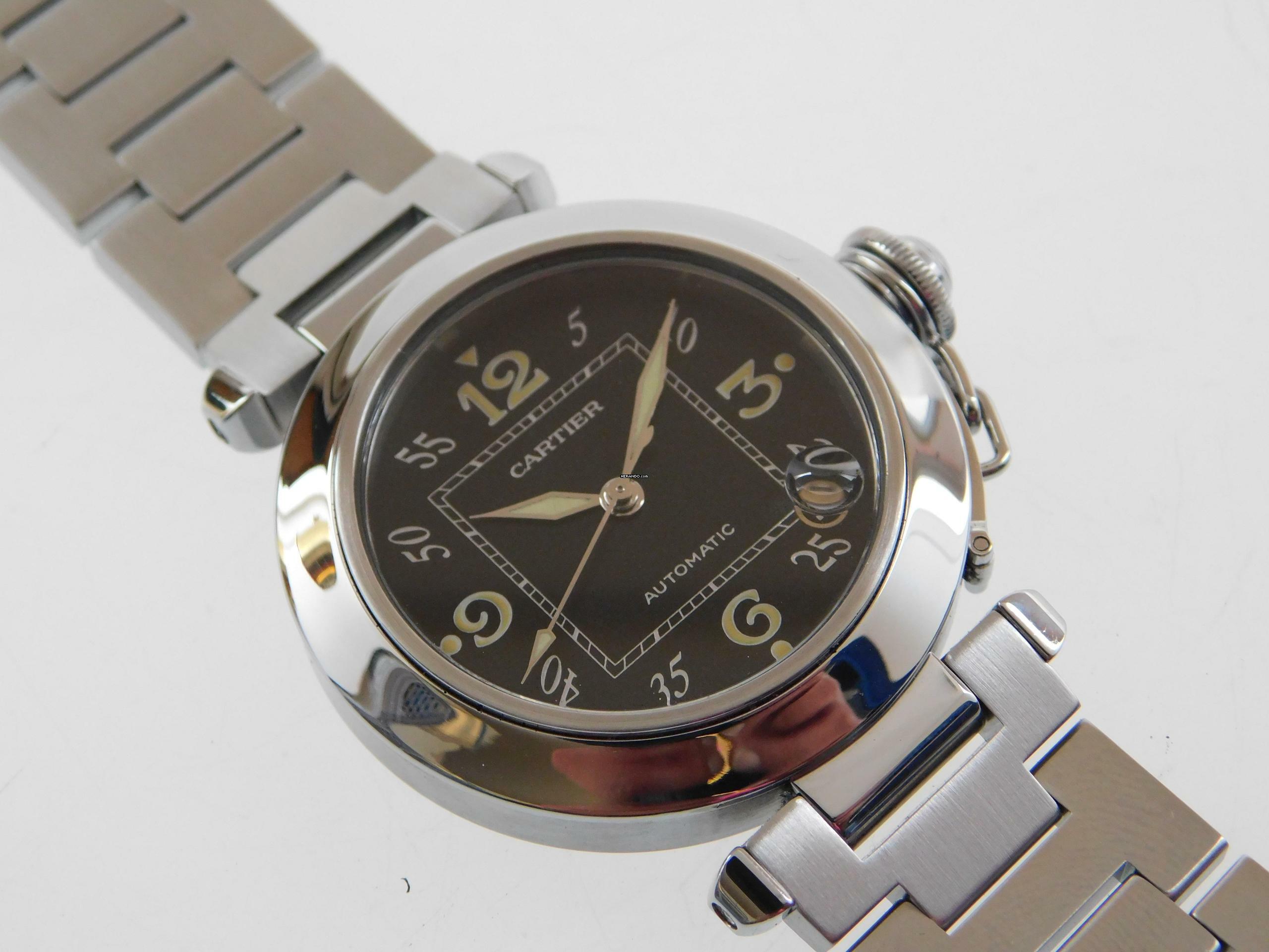 Cartier Pasha C Automatik 35 mm Herrenuhr mit Stahlband im Top Zustand schwarzes Blatt selten mit schwarzem Zifferblatt