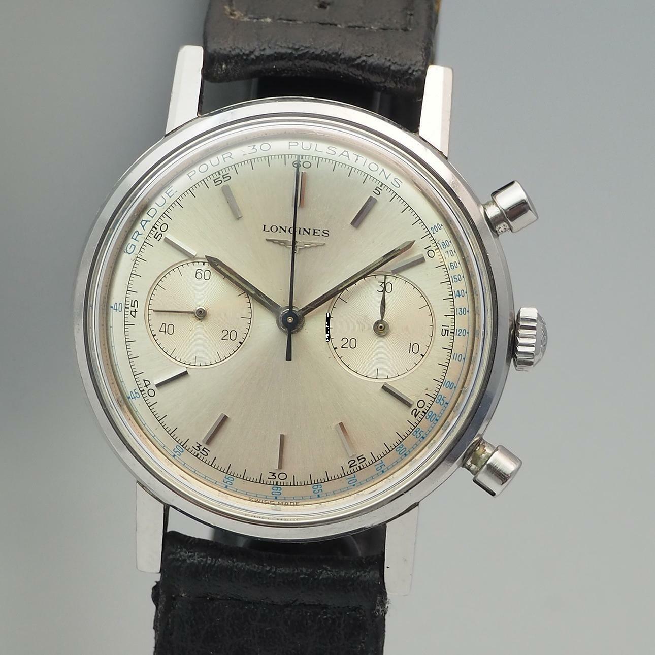 Longines Chronograph 30CH Vintage PULSATIONS Dial 1950 Stahl/Leder 7413/9 Rare Gradue Pour 30 Pulsations