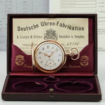 A. Lange & Söhne Full Set Glashütter Sprungdeckel Taschenuhr Royal mit Perlenrand 14k Gold 1908 Zertifikat vom Uhremnuseum in Glashütte Original Leder Etui