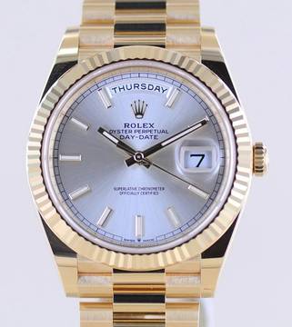  Rolex Day-Date 40 40mm 18K Gelbgold Silver Index Dial Präsidentband Klassiker Fluted B+P 