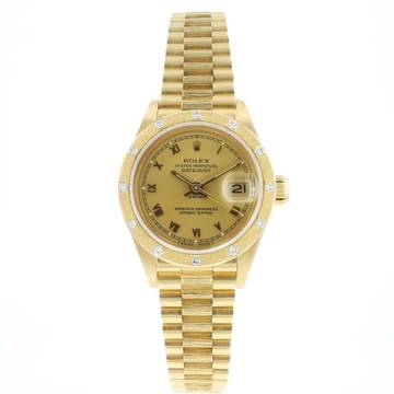  Rolex Lady-Datejust 26 Yellow Gold President Champagne Roman Dial Bark Bezel Diamonds 