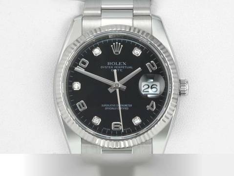  Rolex Oyster Perpetual Date 115234 Stahl Weissgold 750 Diamanten Automatik Medium Date Just Stainless Steel 18kt White Gold Oyster-band Chronometer Black Dial 