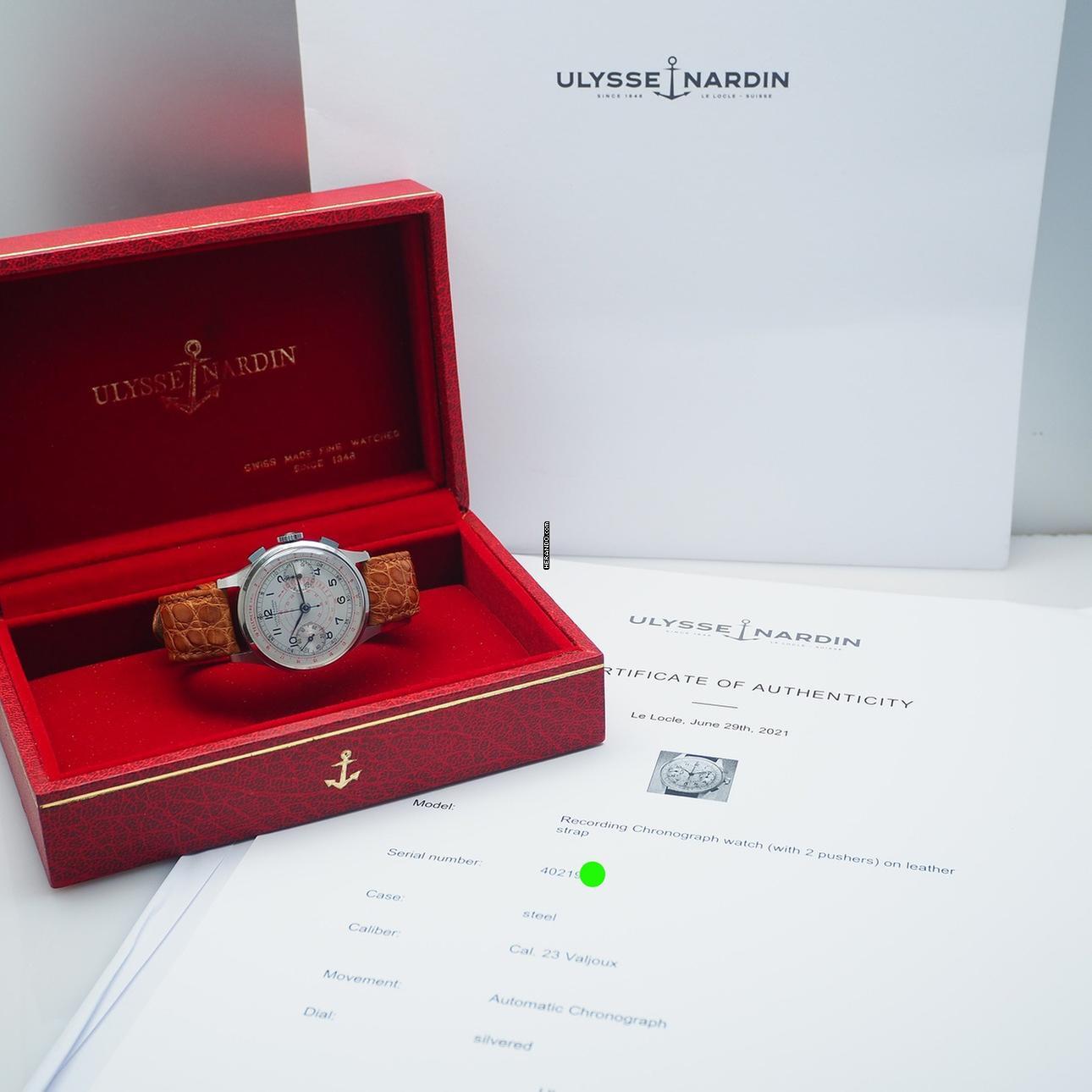 Ulysse Nardin Chronograph Vintage Schnecken-Tachymeter-Skala um 1940 Stahl/Leder Box + papers