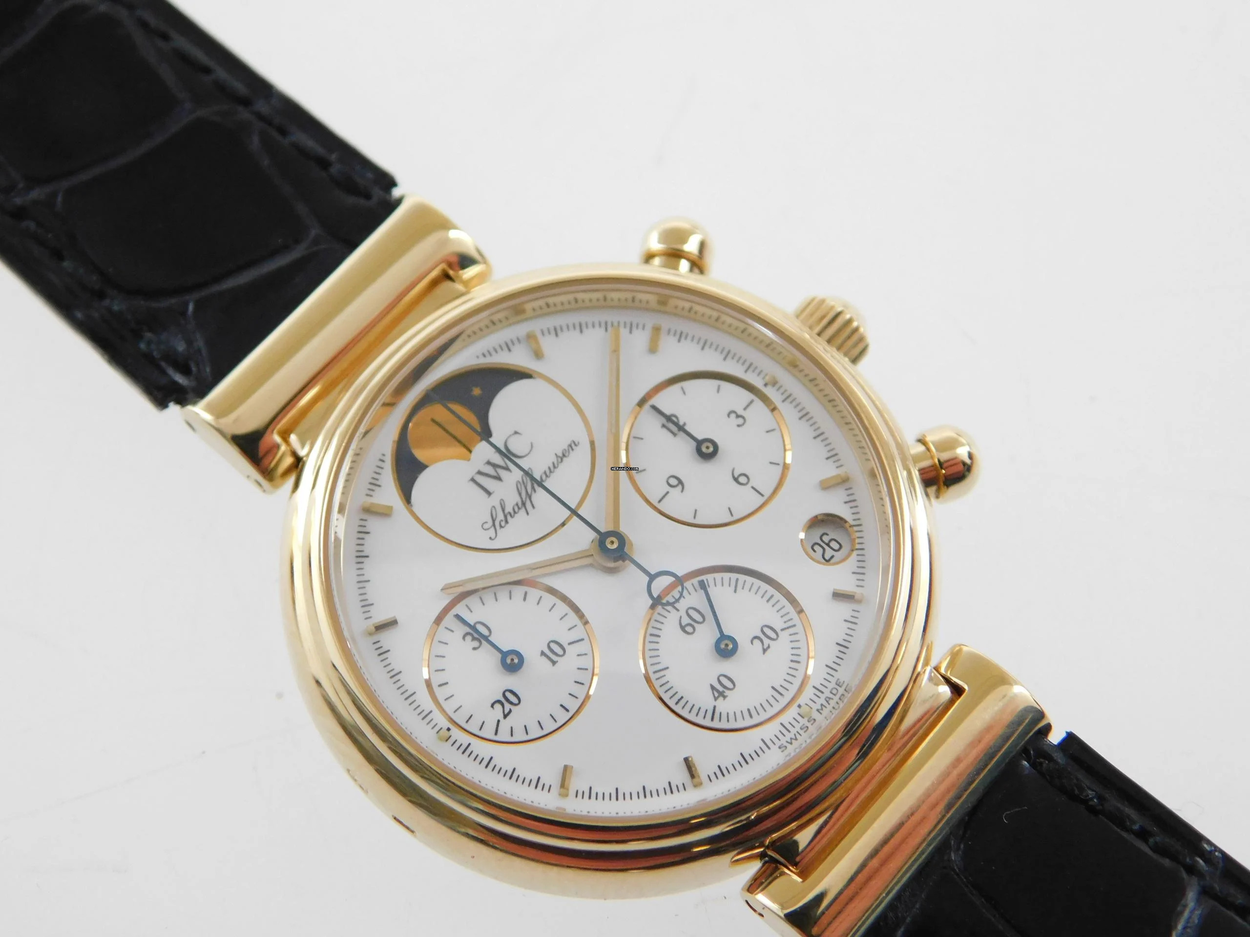 IWC Da Vinci Chronograph Mondphase 3735 massiv 18 Kt Gelbgold mit original Band und Schließe massiv 18 Kt Gelbgold mit original Krokoband und Schließe