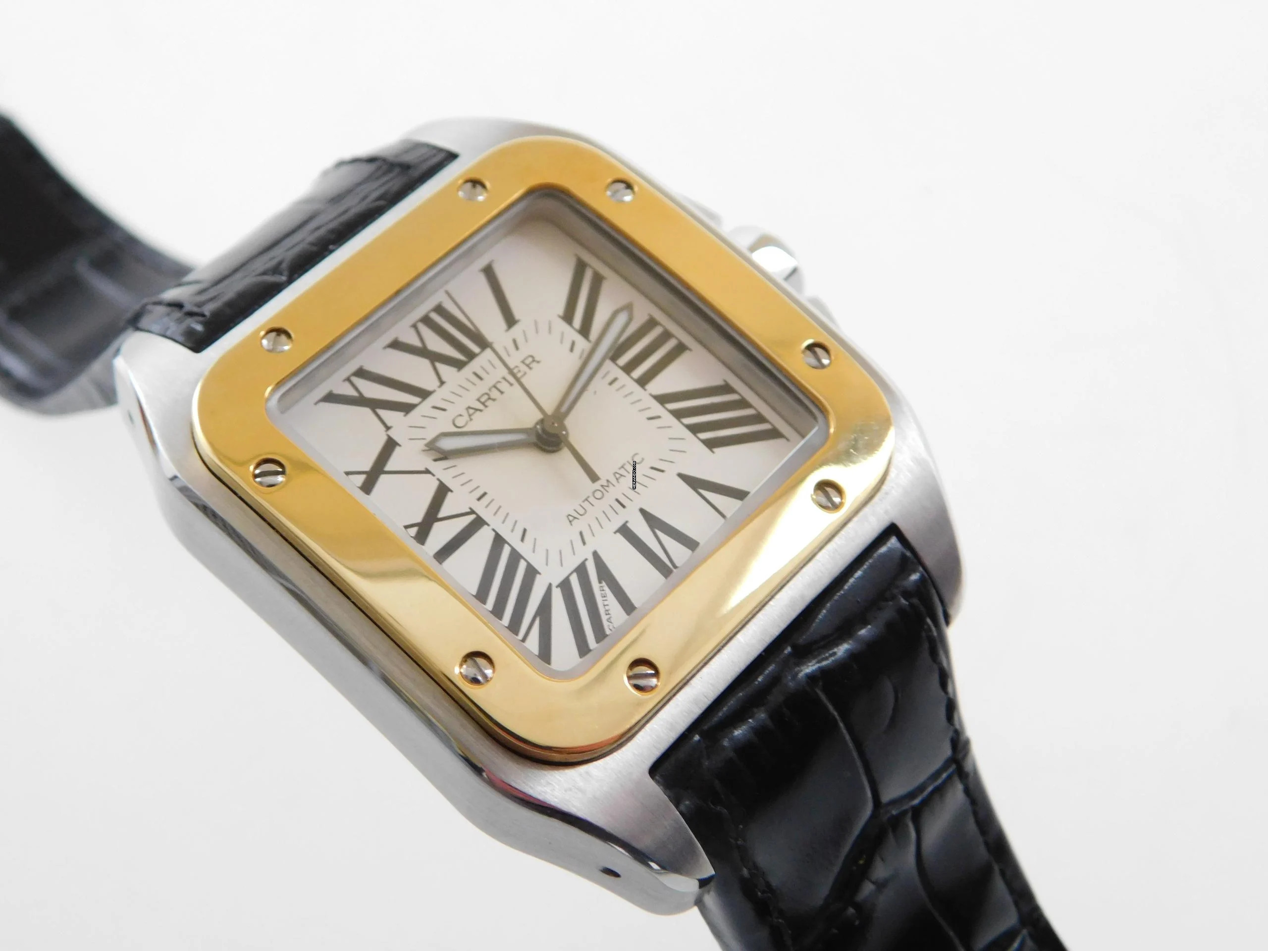 Cartier Santos 100 XL 38 x 51 mm im Top Zustand mit Box und original Krokoband Stahl Gold Neues Original Cartier Krokoband und Faltschließe