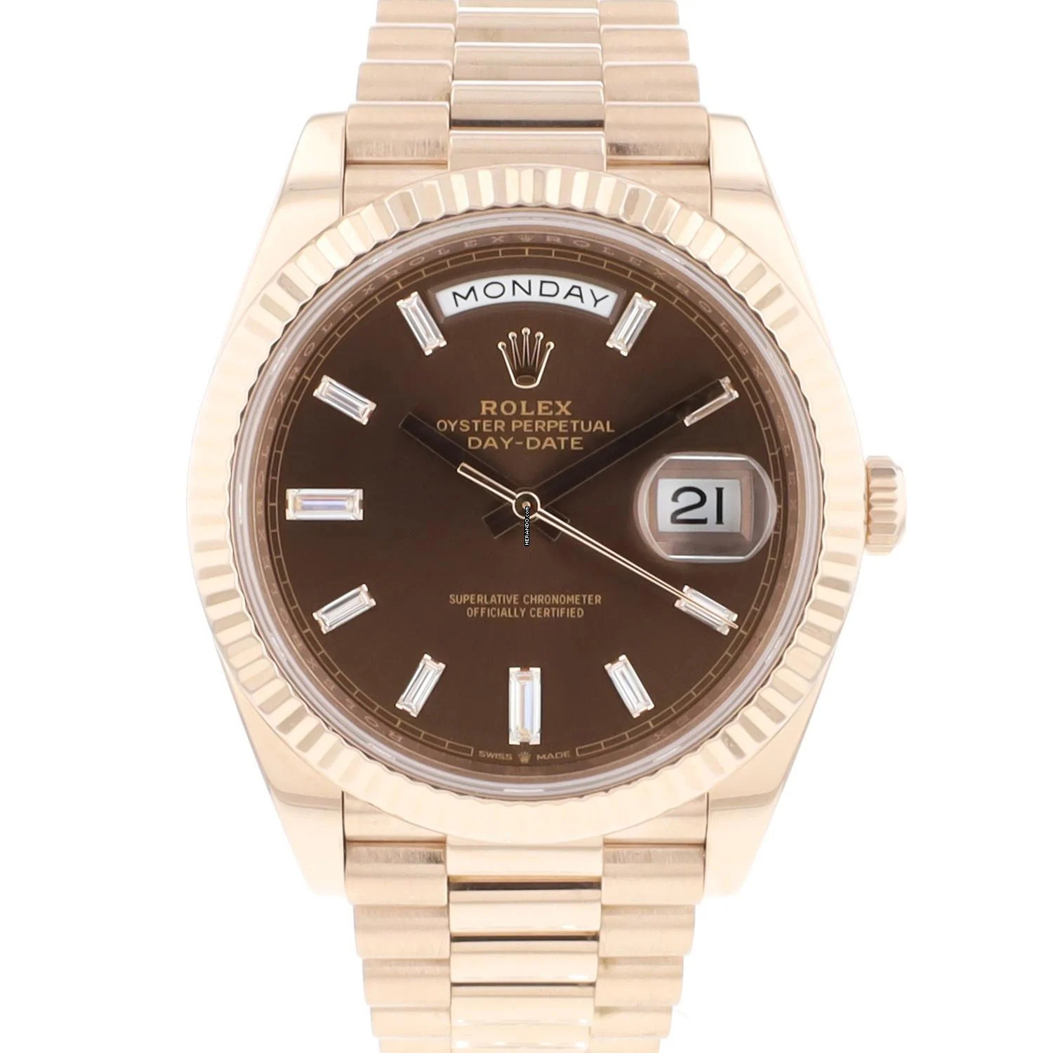 Rolex Day-Date 40 40mm Everose Gold Chocolate Baguette Diamond Dial Service '25
