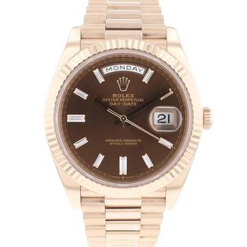  Rolex Day-Date 40 40mm Everose Gold Chocolate Baguette Diamond Dial Service '25 
