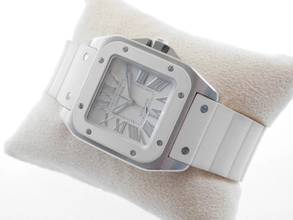 Thumbnail von Cartier Santos 100 Herrenuhr mit original Kautschukband im TOP Zustand weiße Kautschuklünette und original Band