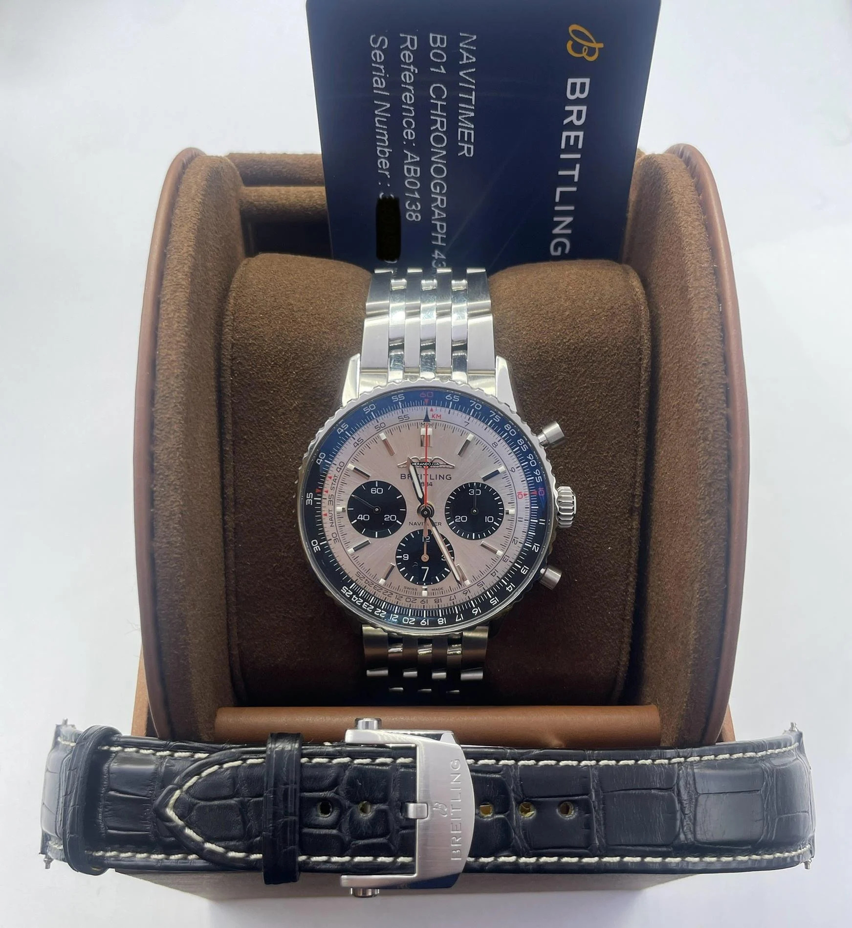 Breitling Navitimer 1 B01 Chronograph 43mm 2 Straps Steel and Leatherband with folding clasp FULL SET WITH BOX & PAPERS like NEW year: 2023 Silver Dial