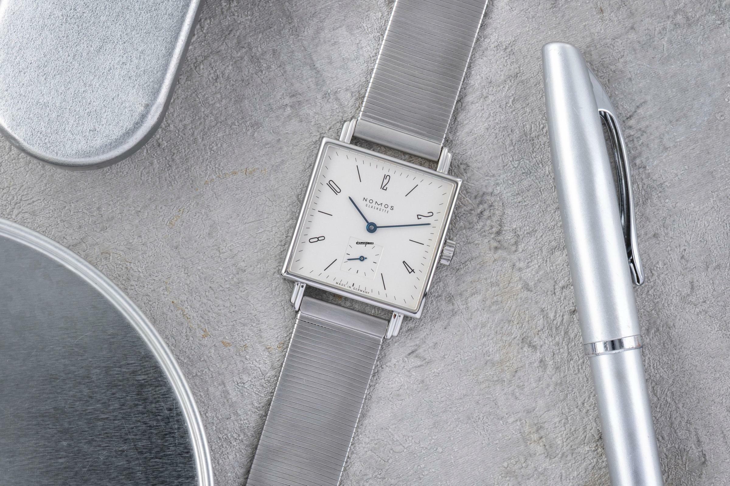 NOMOS Tetra Edelstahl Handaufzug Herrenuhr Ref. 408 Box & Papiere 2016