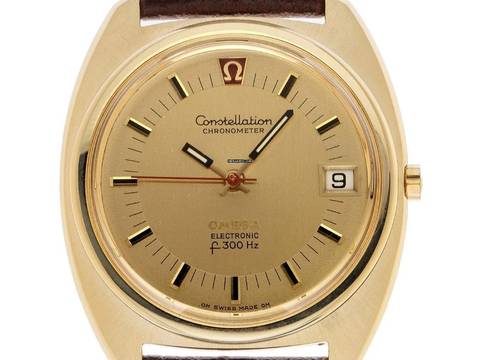  Omega Constellation Quartz Electroquarz 300Hz Ref.198.002 1972 original Box sehr gut Vintage Constellation Electronicquarz f300Hz 18kt Gelbgold 66g 