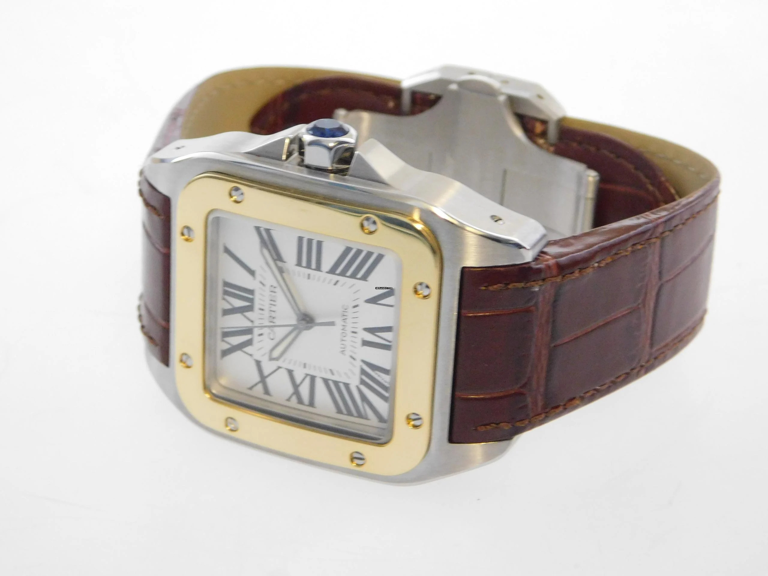 Cartier Santos 100 XL 38 x 51 mm im Top Zustand mit Etui und original Krokoband Stahl Gold Neues Original Cartier Krokoband und Faltschließe