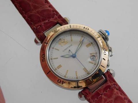  Cartier Pasha Stahl Gold Automatik 36 mm Herrenuhr mit Krokoband mit original Faltschließe mit original Cartier Band und Schließe 