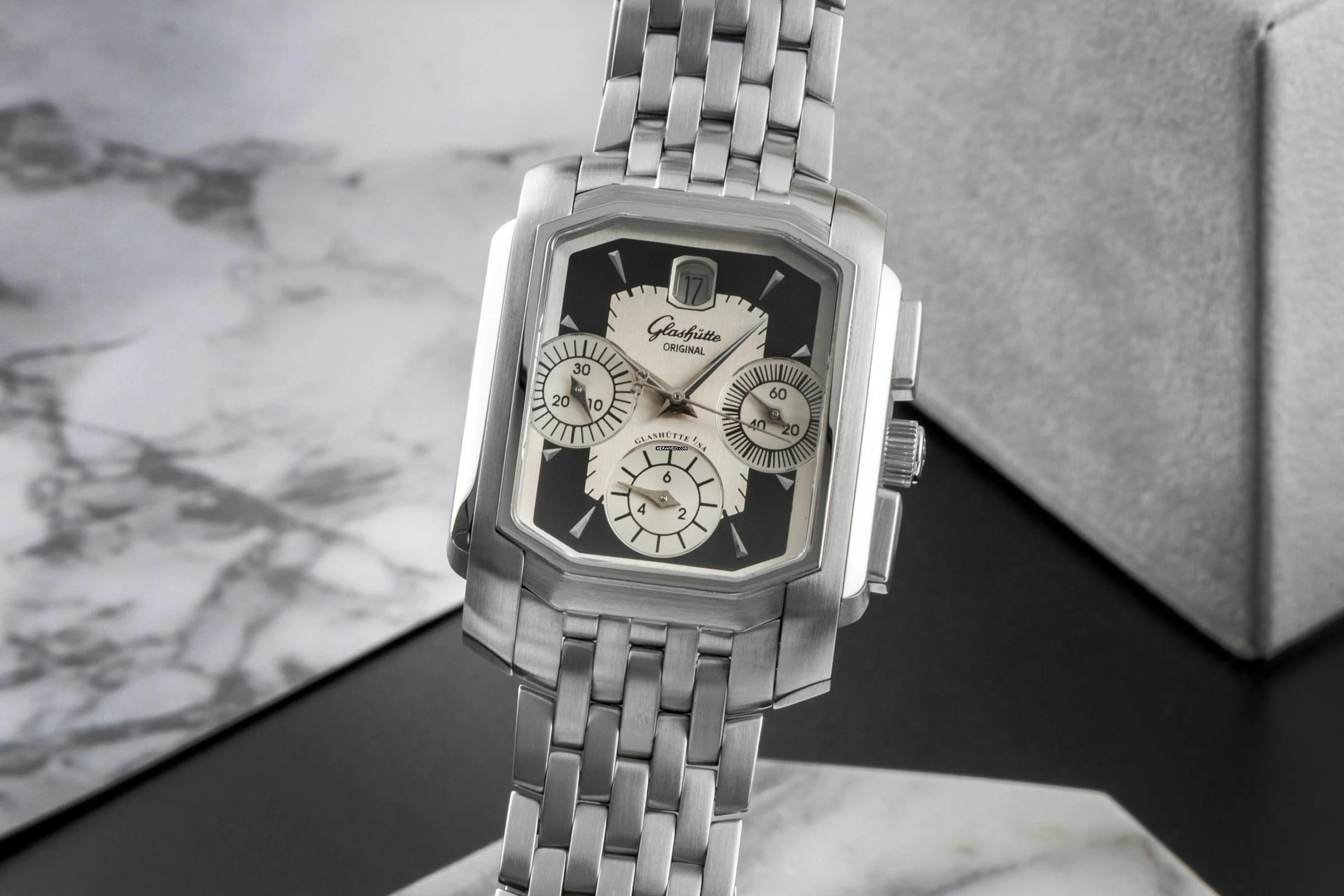 Glashütte Original Senator Karrée Karreè Edelstahl Chronograph Ref. 39-32-17-04-04 B&P