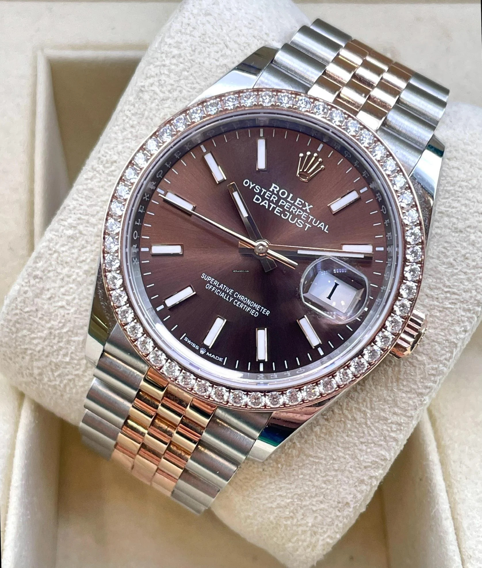 Rolex Datejust 36 (Steel/Rose Jubilee Chocolate Dial) Diamond Bezel Factory FULL SET WITH BOX AND PAPERS LIKE NEW year:2024