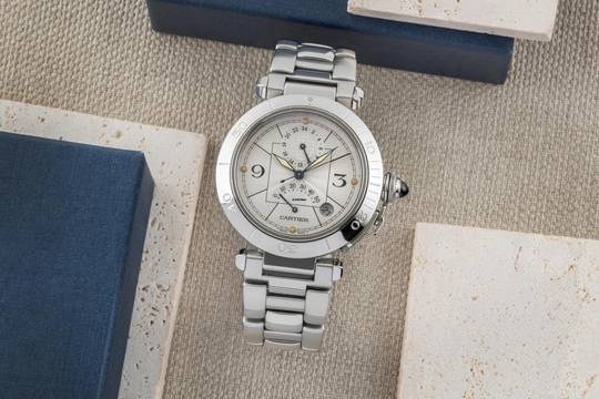  Cartier Pasha GMT Power Reserve Automatik Stahl Herrenuhr Ref. W31037H3 2388 