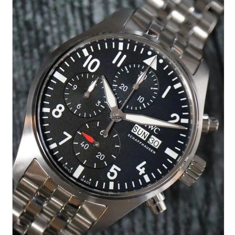 IWC Fliegeruhr Chronograph With Black Dial On Stainless Pilot Chronograph Iwc NEW FULL SET