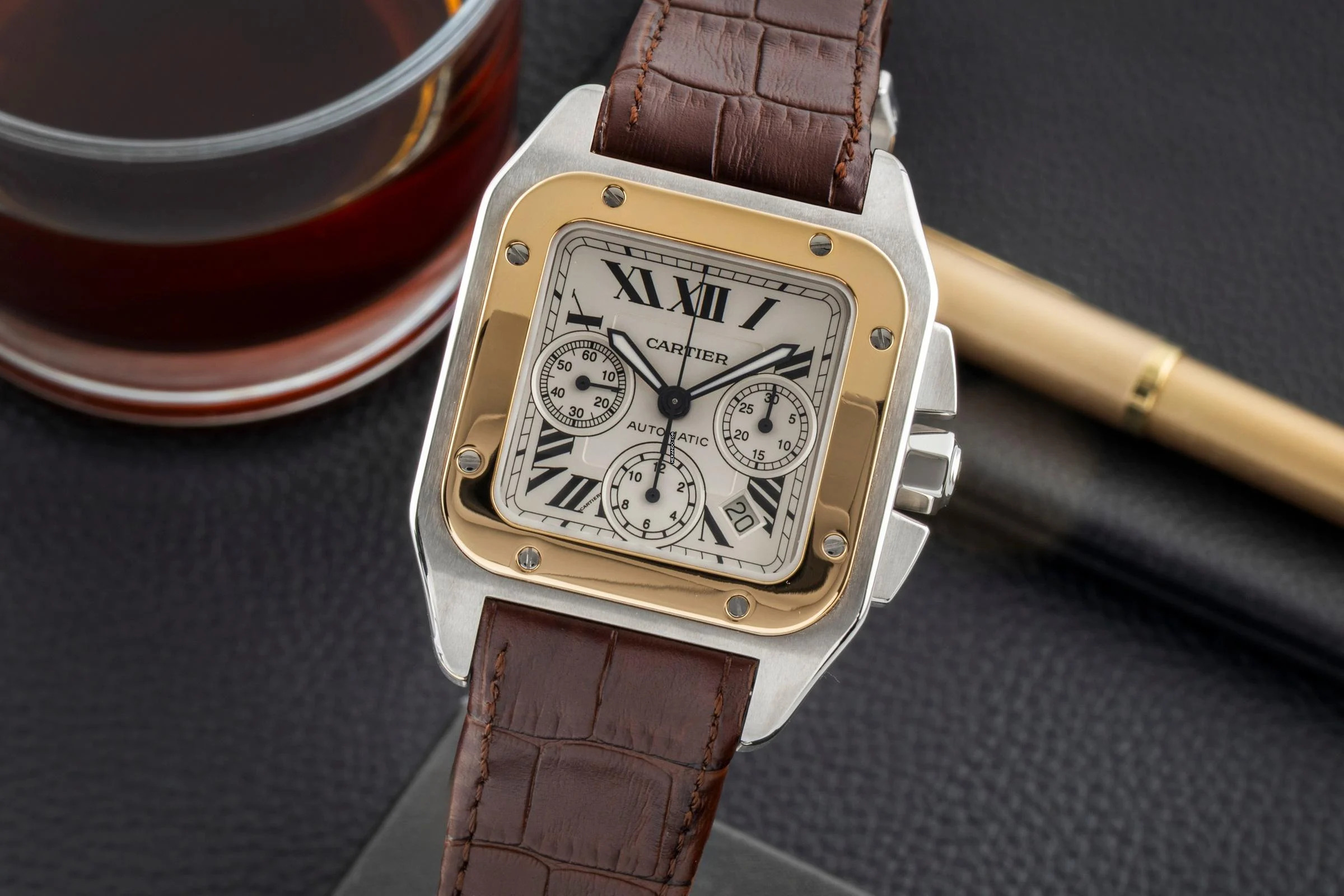 Cartier Santos 100 Chronograph Stahl / Gold Automatik Ref. W20091X7 B&P